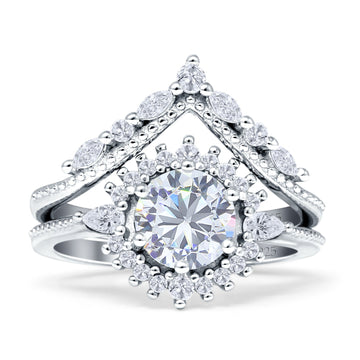 Two Piece Round Halo Bridal Ring Cubic Zirconia 925 Sterling Silver Wholesale